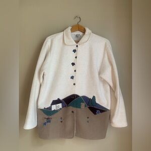 Teddi fleece cardigan jacket appliqué farm barn flowers squirrel fall grandma